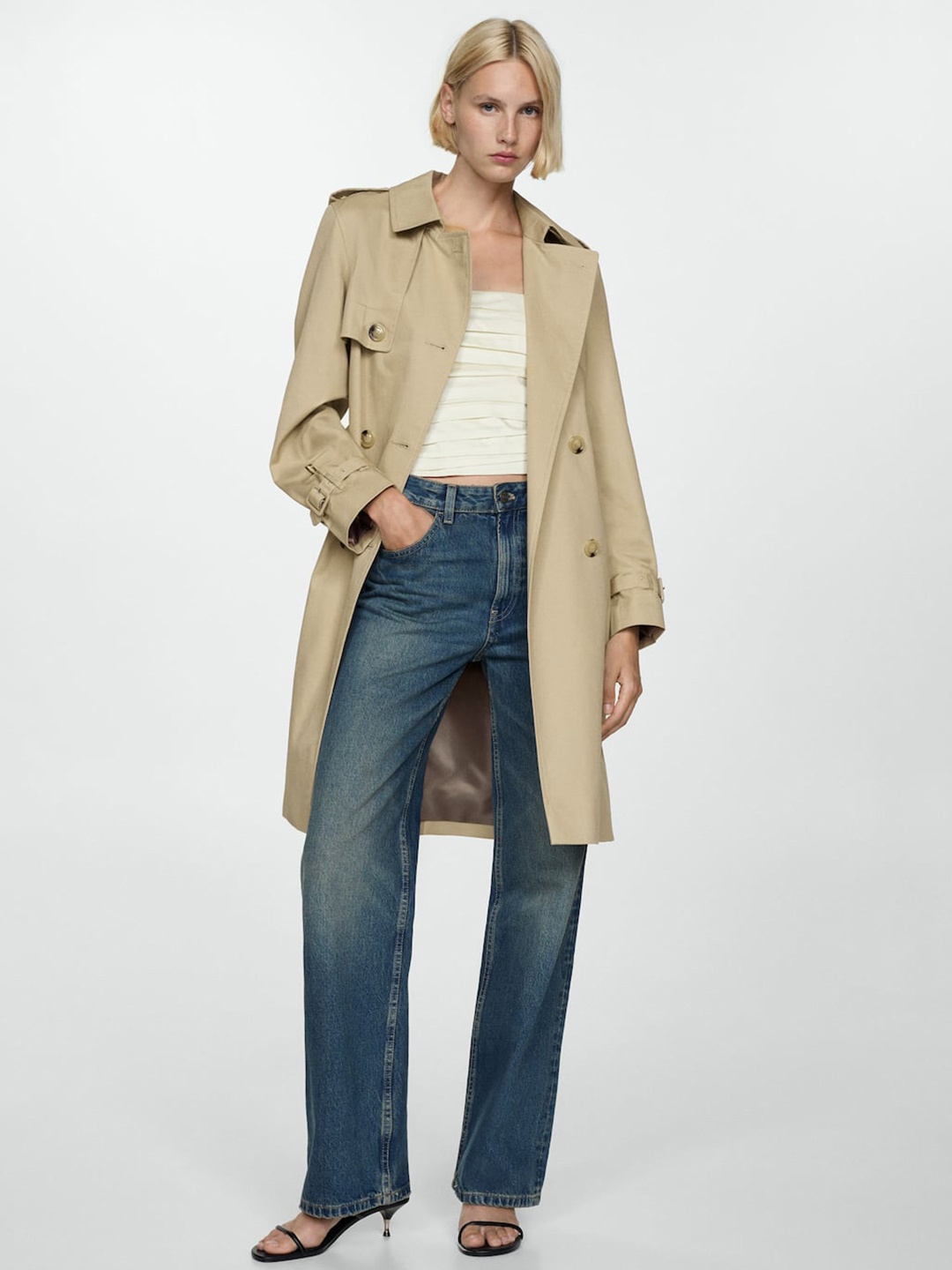 

MANGO Water Repellent Longline Trench Coat with Belt, Beige