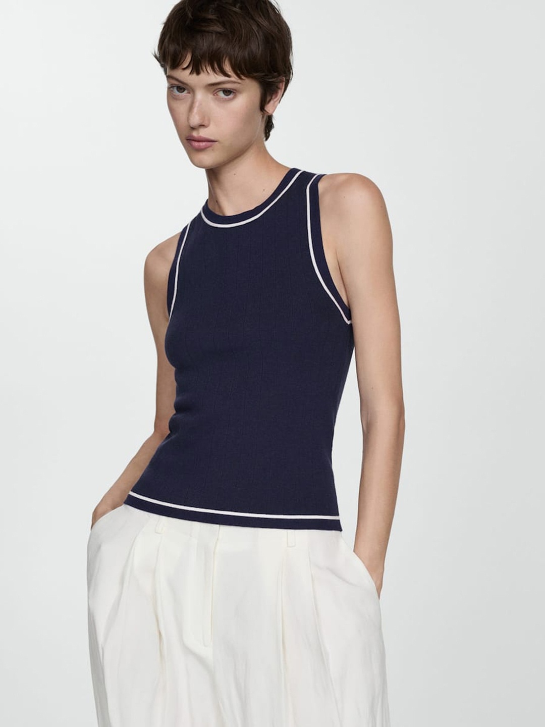 

MANGO Contrast Tipped Ribbed Top, Black