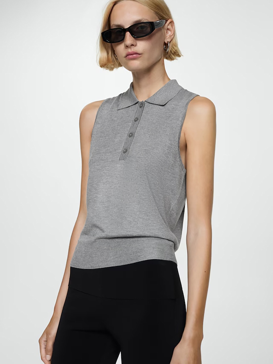 

MANGO Knitted Shirt-Style Top, Grey melange