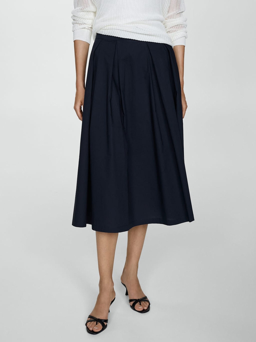 

MANGO Pure Cotton Pleated Skirt, Navy blue