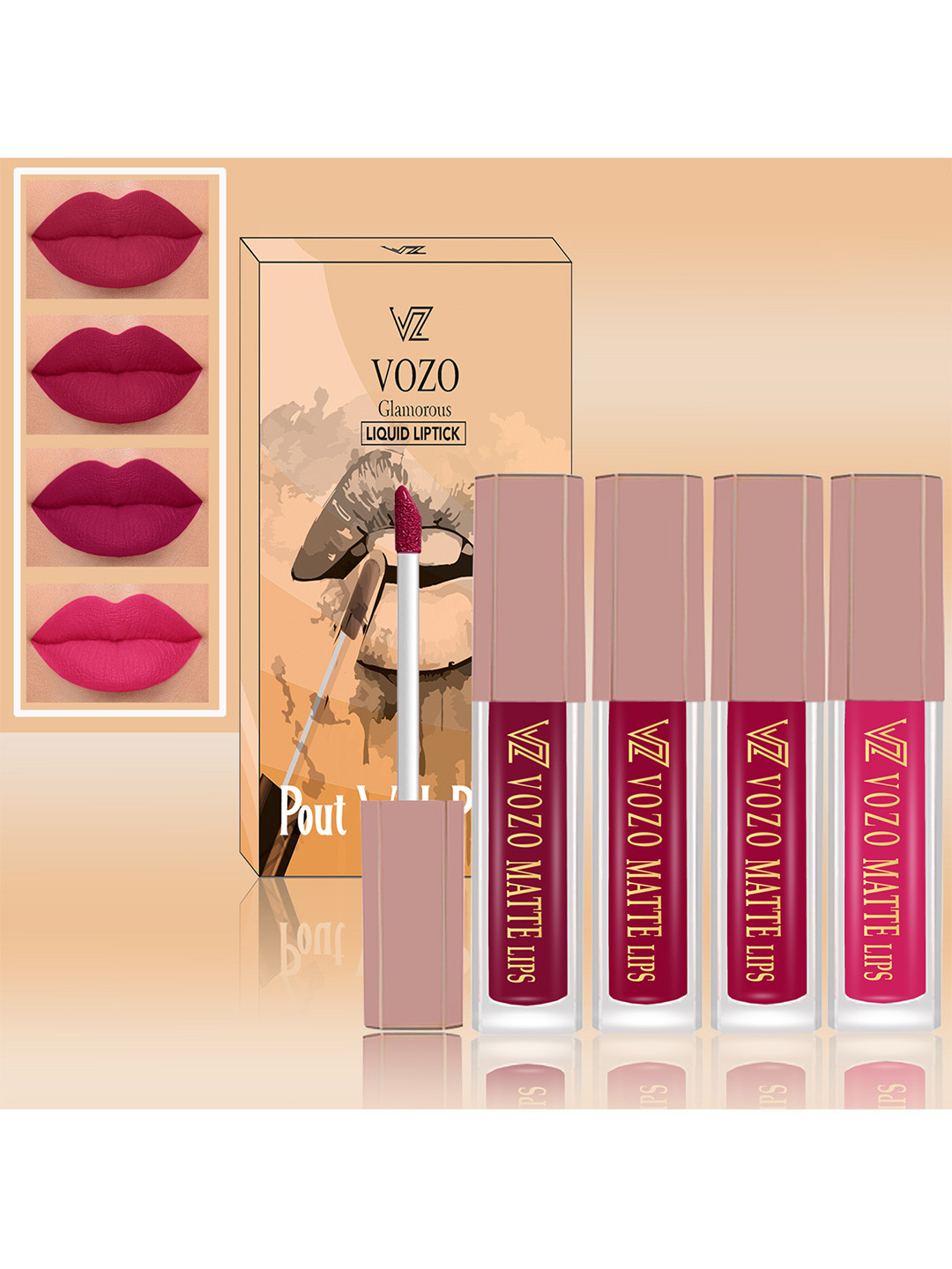 

VOZO Set Of 4 Velvety Smooth Lightweight Matte Liquid Lipstick-1.5ml Each-101-105-106-202, Pink