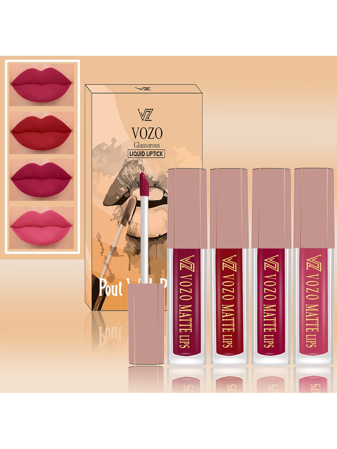 

VOZO Matte Lips Set Of 4 Liquid Lipstick - 1.5ml Each-101-104-105-203, Peach