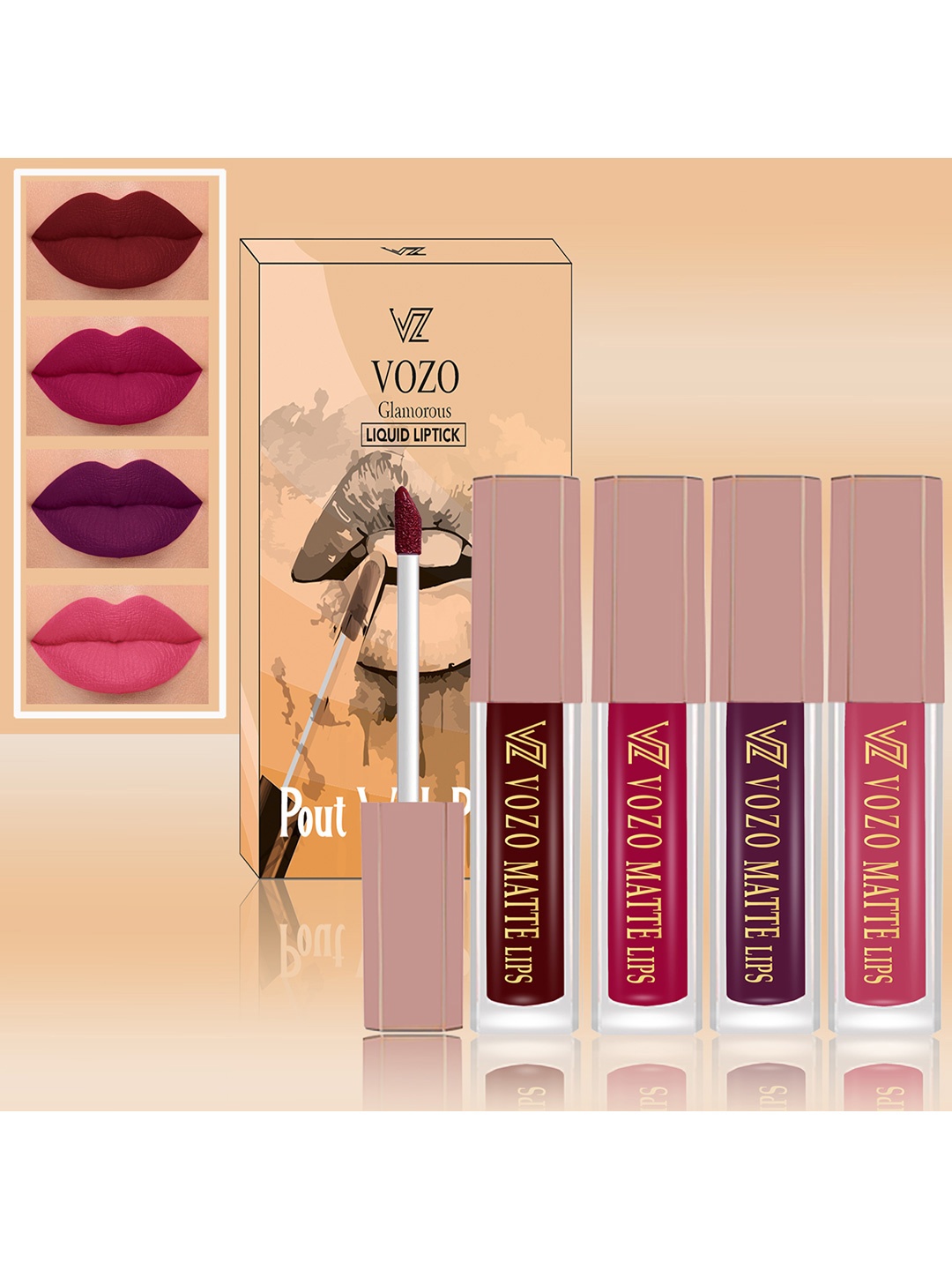 

VOZO Matte Lips Set Of 4 Liquid Lipstick - 1.5ml Each-103-106-201-203, Peach