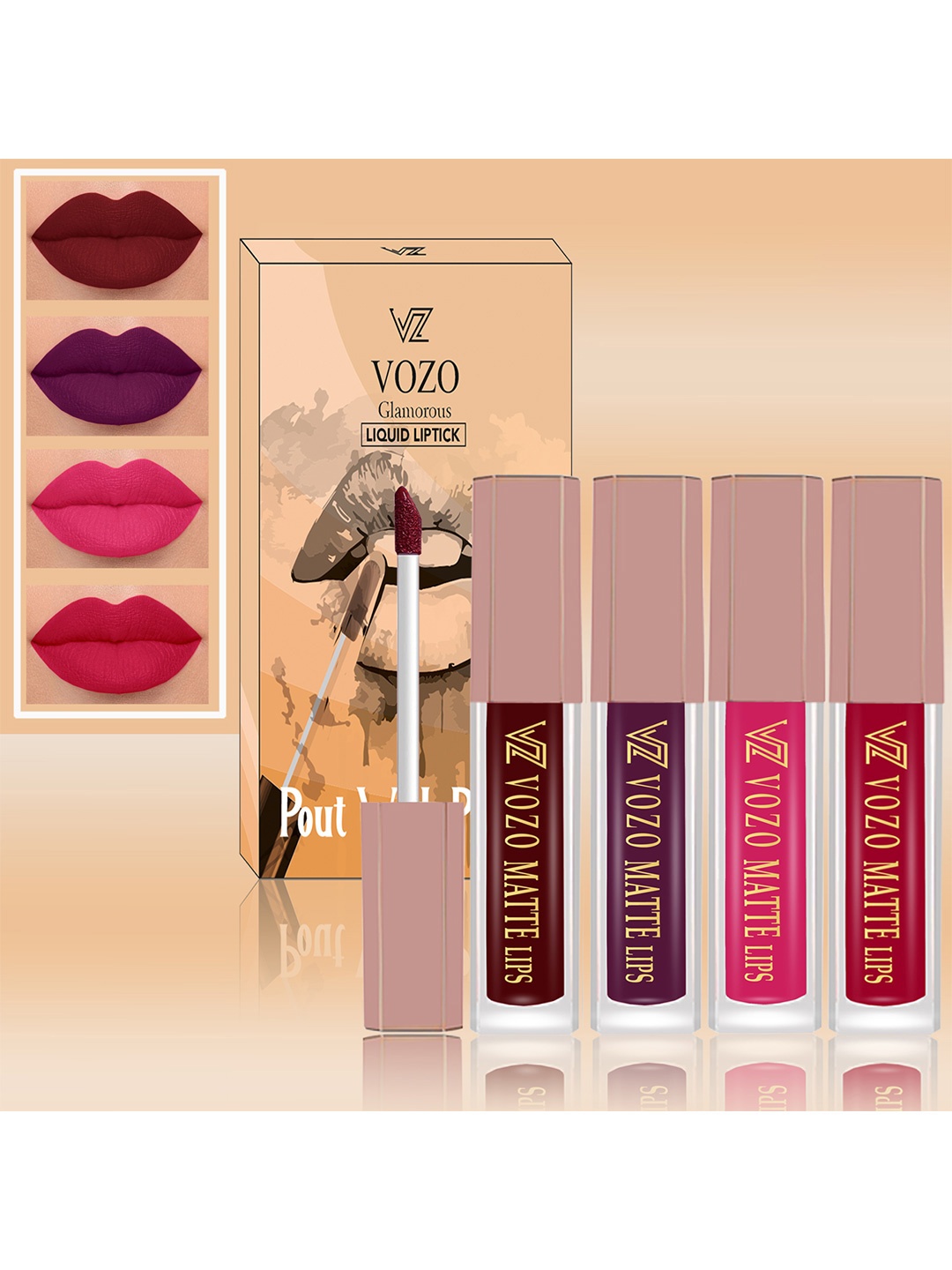 

VOZO Set Of 4 Long Lasting Matte Finish Liquid Lipsticks-102-201-202-204, Burgundy