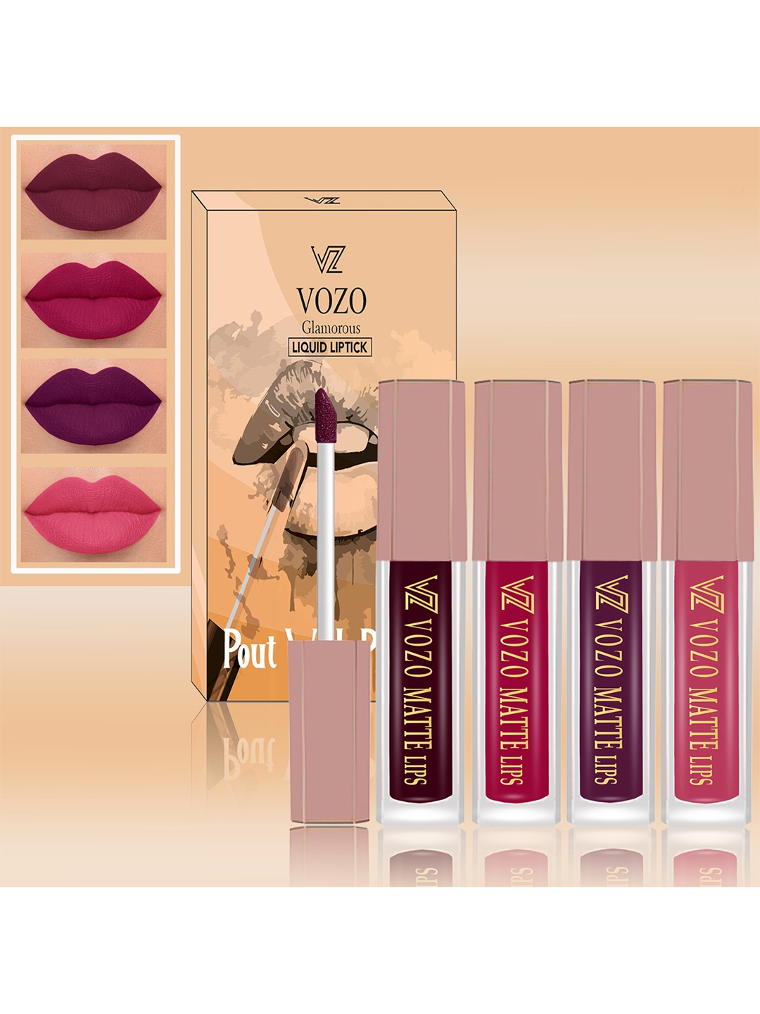 

VOZO Set Of 4 Soft & Comfortable Matte Finish Liquid Lipsticks-102-106-201-203, Peach