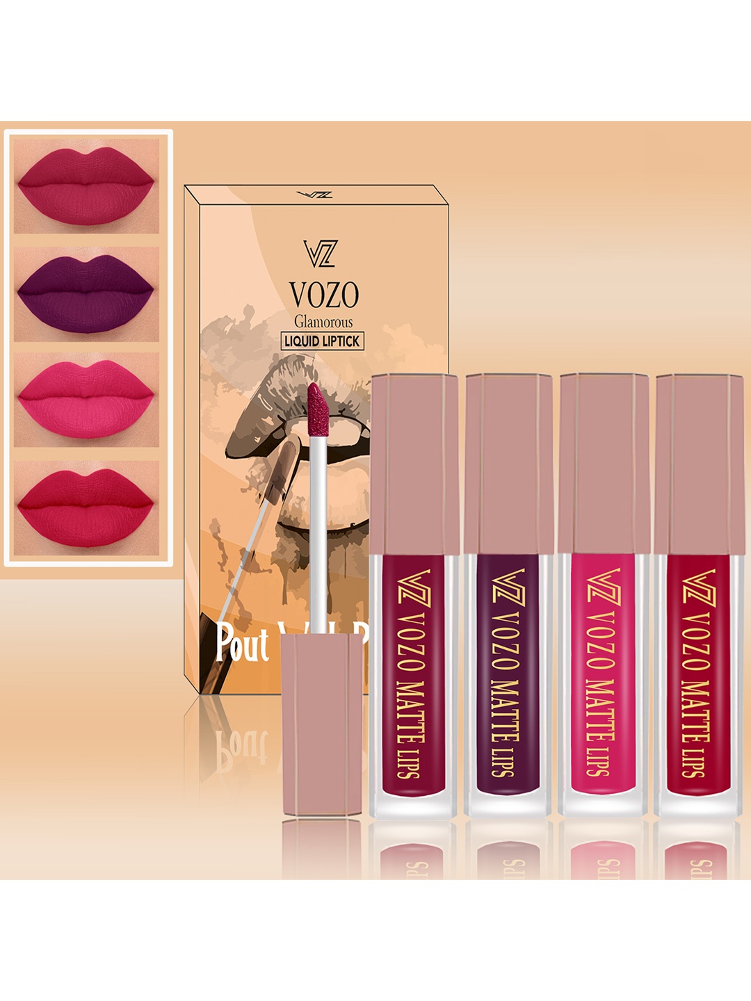 

VOZO Set Of 4 Soft & Comfortable Matte Finish Liquid Lipsticks-101-201-202-204, Pink