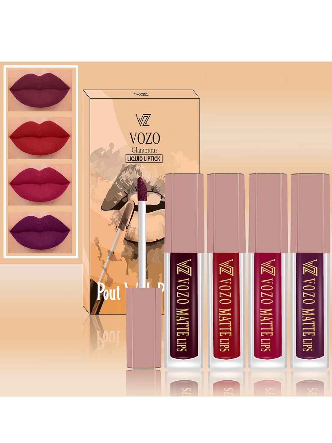 

VOZO Set Of 4 Soft & Comfortable Matte Finish Liquid Lipsticks-102-104-105-201, Pink
