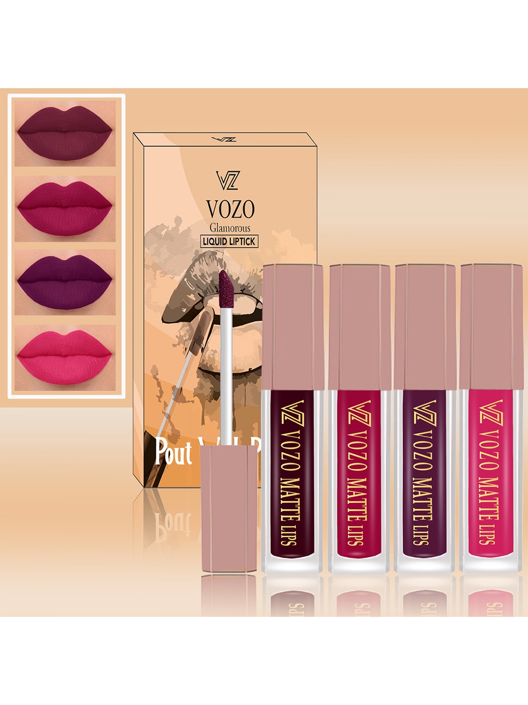 

VOZO Set Of 4 Soft & Comfortable Matte Finish Liquid Lipsticks-102-106-201-202, Pink