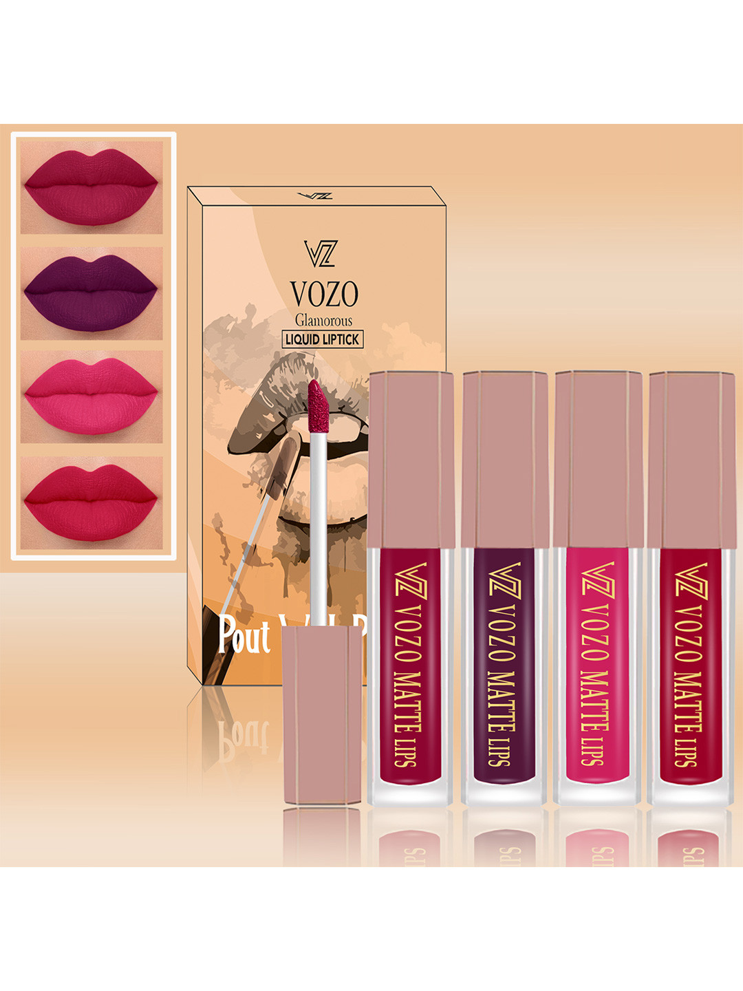 

VOZO Set Of 4 Matte Finish Liquid Lipsticks-105-201-202-204, Pink