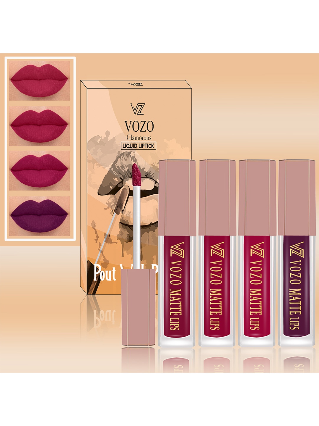 

VOZO Set Of 4 Soft & Comfortable Matte Finish Liquid Lipsticks-101-105-106-201, Pink