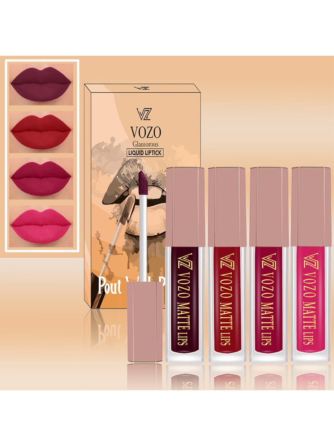 

VOZO Set Of 4 Soft & Comfortable Matte Finish Liquid Lipsticks-102-104-105-202, Pink