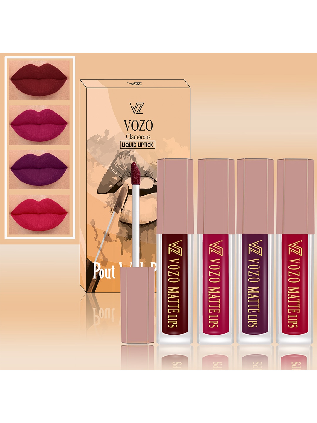 

VOZO Set Of 4 Matte Finish Liquid Lipsticks-103-106-201-204, Maroon