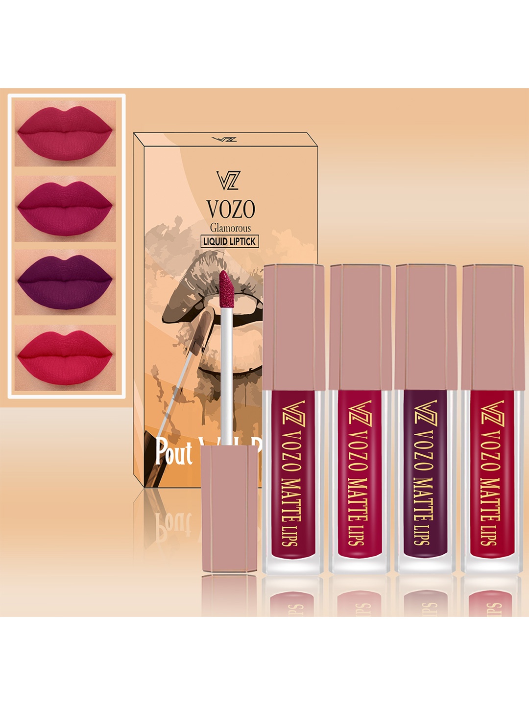 

VOZO Set Of 4 Soft & Comfortable Matte Finish Liquid Lipsticks-101-106-201-204, Pink