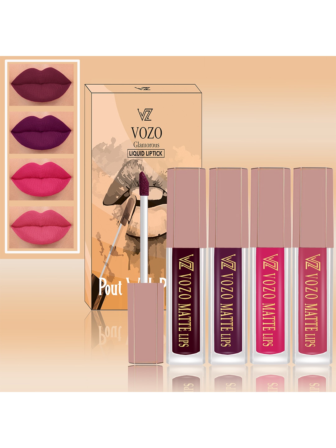 

VOZO Set Of 4 Soft & Comfortable Matte Finish Liquid Lipsticks-102-201-202-203, Burgundy