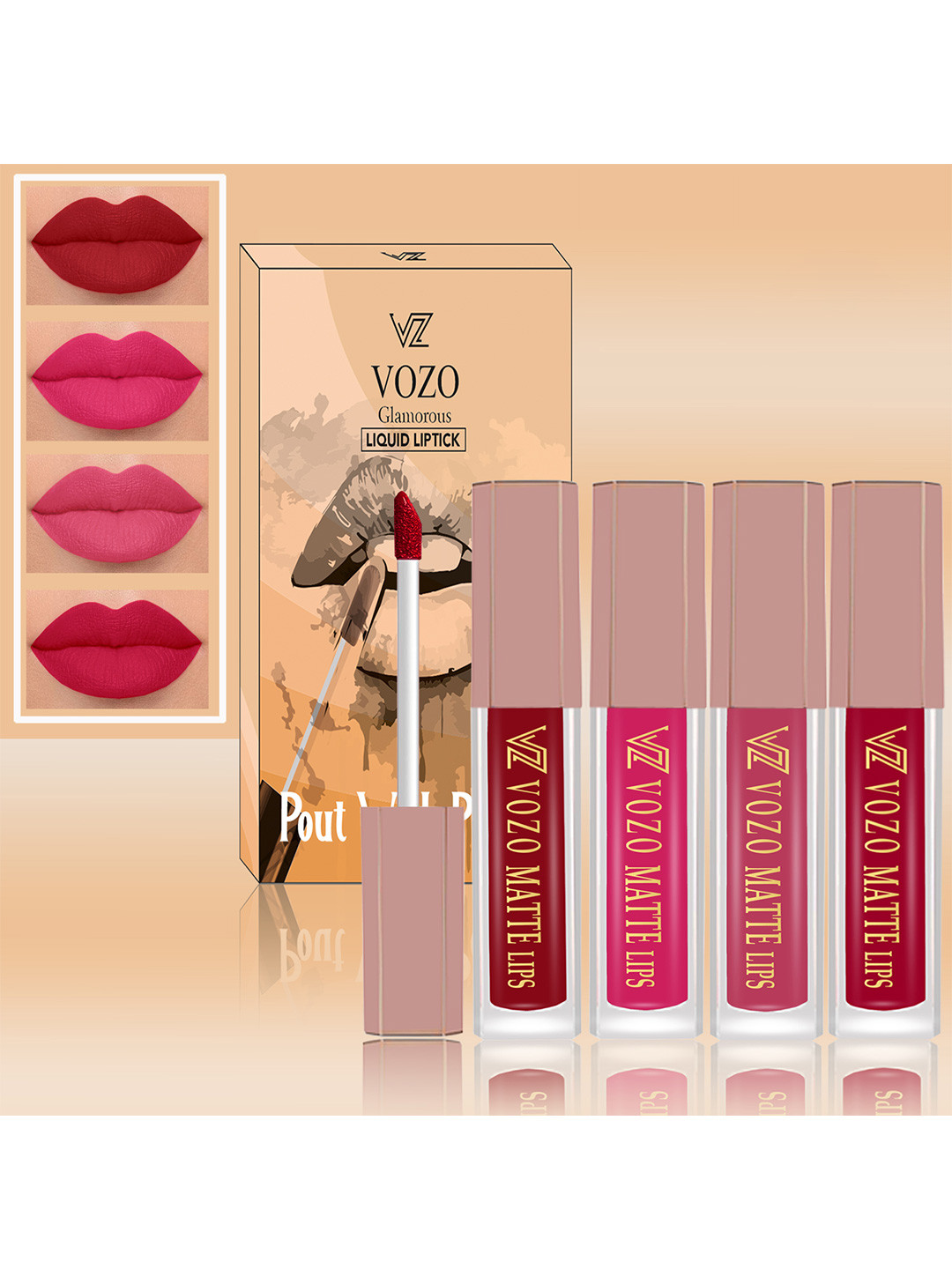 

VOZO Set Of 4 Soft & Comfortable Matte Finish Liquid Lipsticks-104-202-203-204, Red