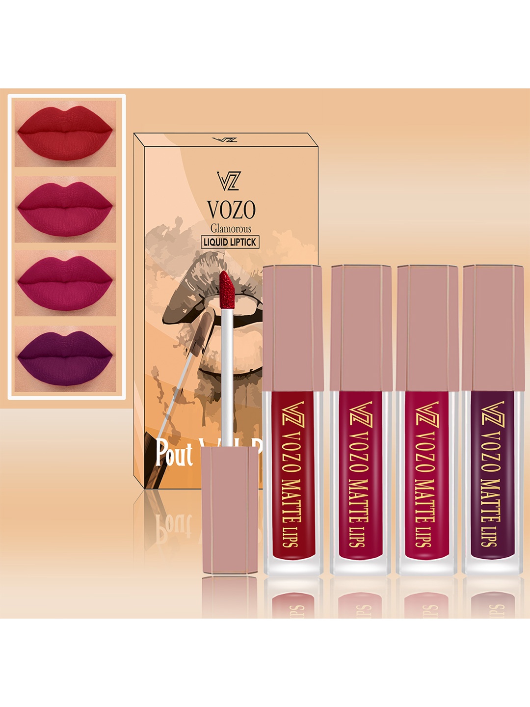 

VOZO Set Of 4 Matte Finish Liquid Lipsticks-104-105-106-201, Red