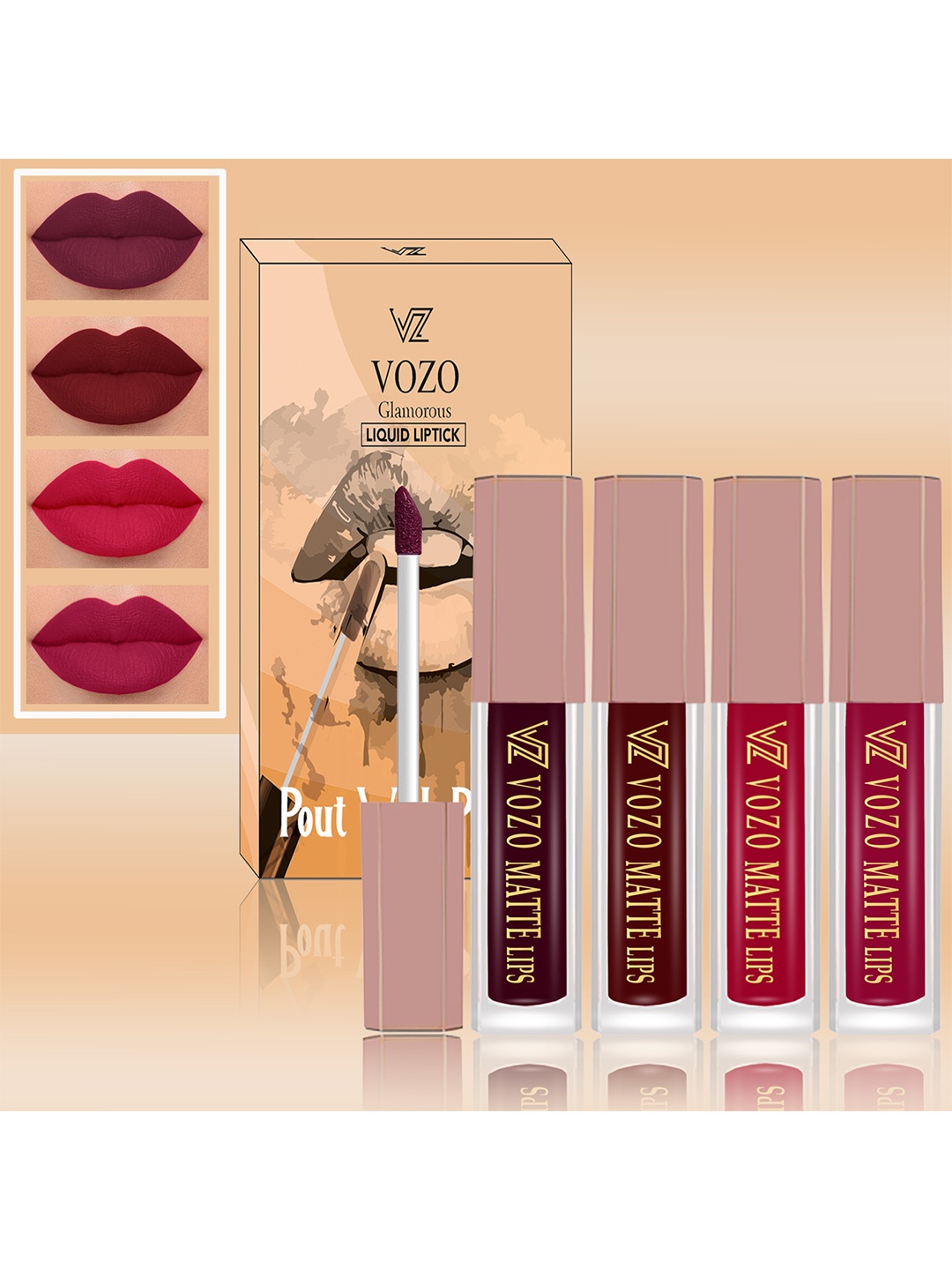 

VOZO Set Of 4 Matte Finish Liquid Lipsticks-104-106-201-203, Red