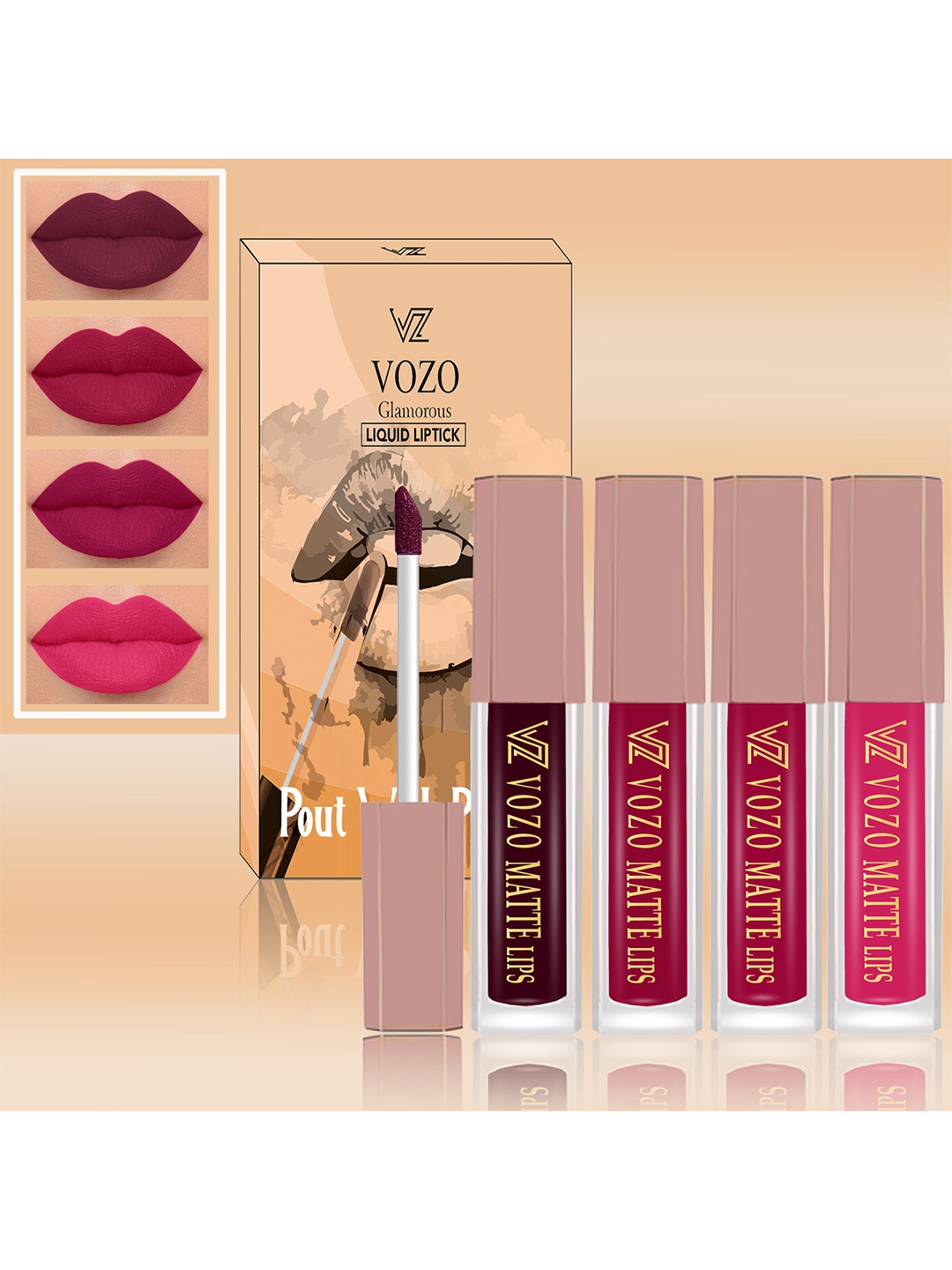 

VOZO Set Of 4 Matte Finish Liquid Lipsticks-102-105-106-202, Burgundy