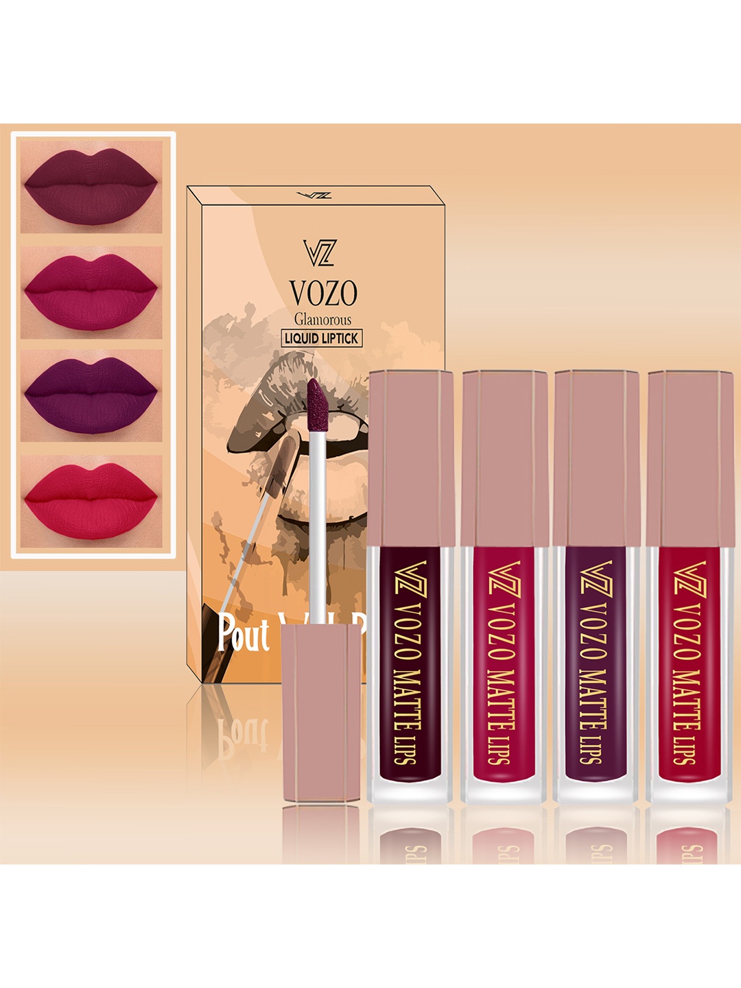 

VOZO Set Of 4 Matte Finish Liquid Lipsticks-102-106-201-204, Burgundy