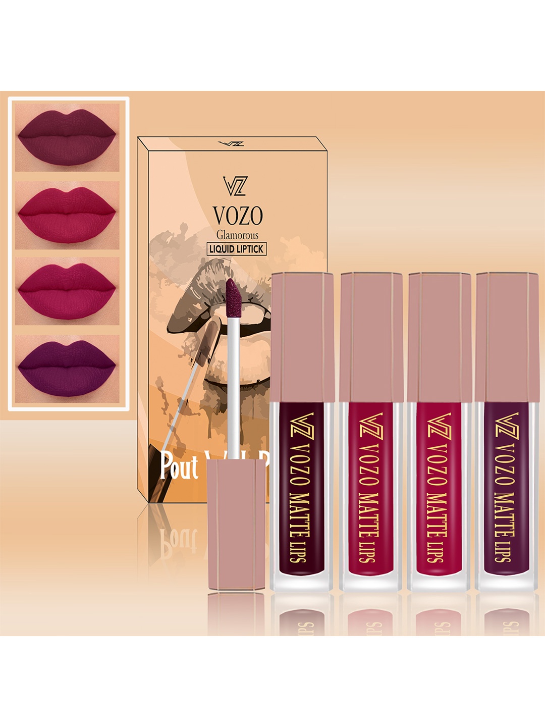 

VOZO Set Of 4 Soft & Comfortable Matte Finish Liquid Lipsticks-102-105-106-201, Pink
