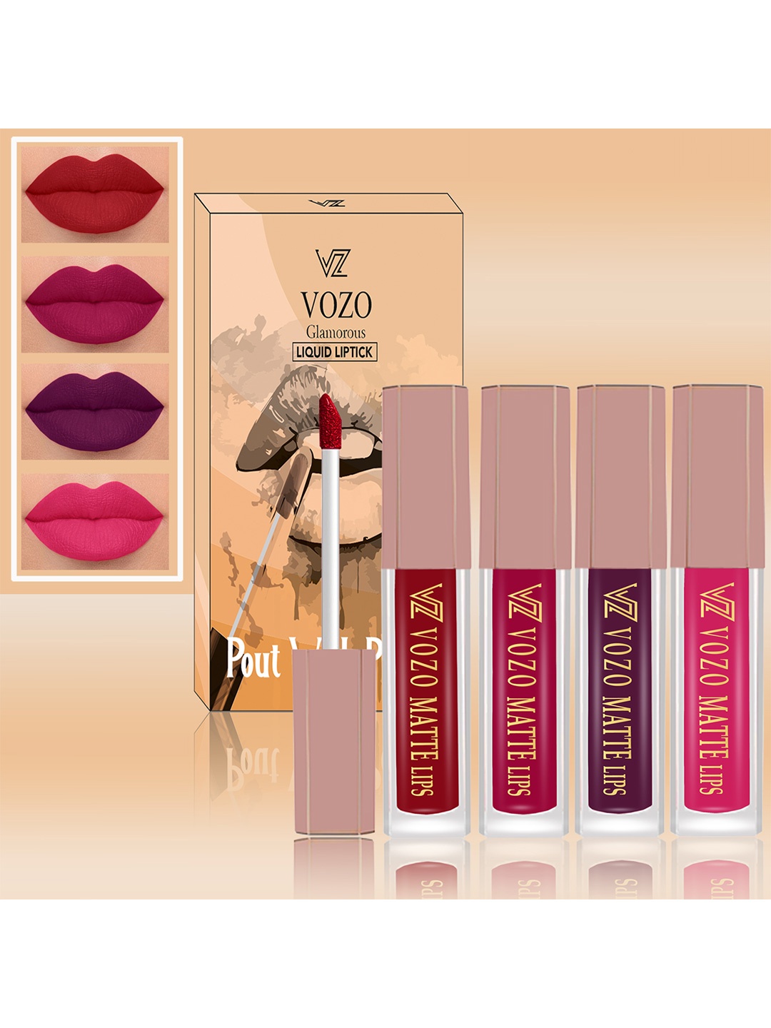 

VOZO Set Of 4 Matte Finish Liquid Lipsticks-104-106-201-202, Red