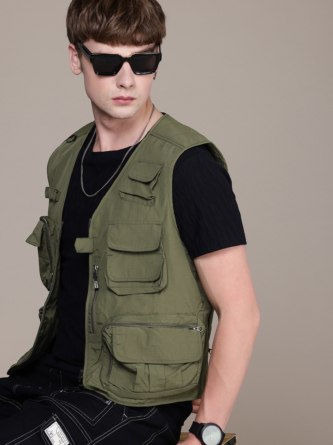

The Roadster Life Co. Pockets Details Collarless Sleeveless Tailored Jacket, Olive