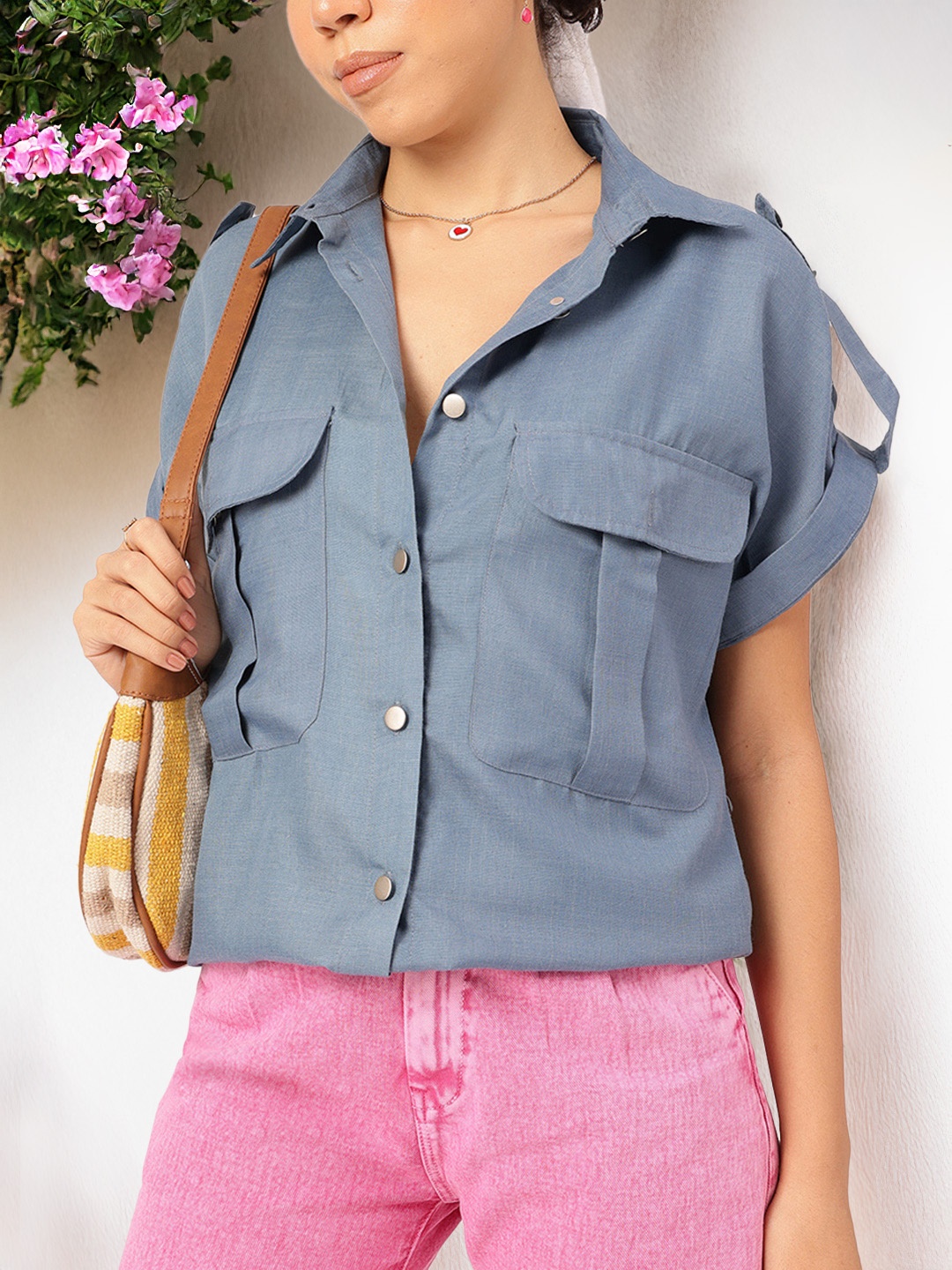 

DressBerry Street Savvy Roll-Up Sleeves Box Pockets Longline Shirt, Blue