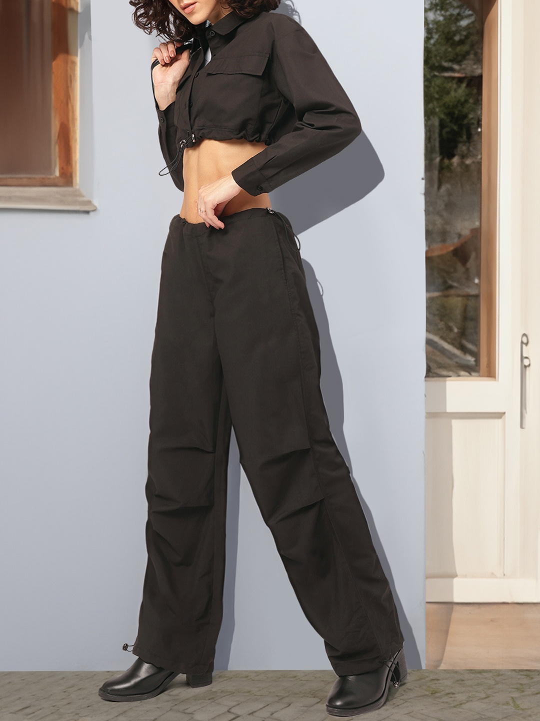 

DressBerry Everyday Explorer Crop Shirt & Parachute Pants Co-Ords with Toggles, Black