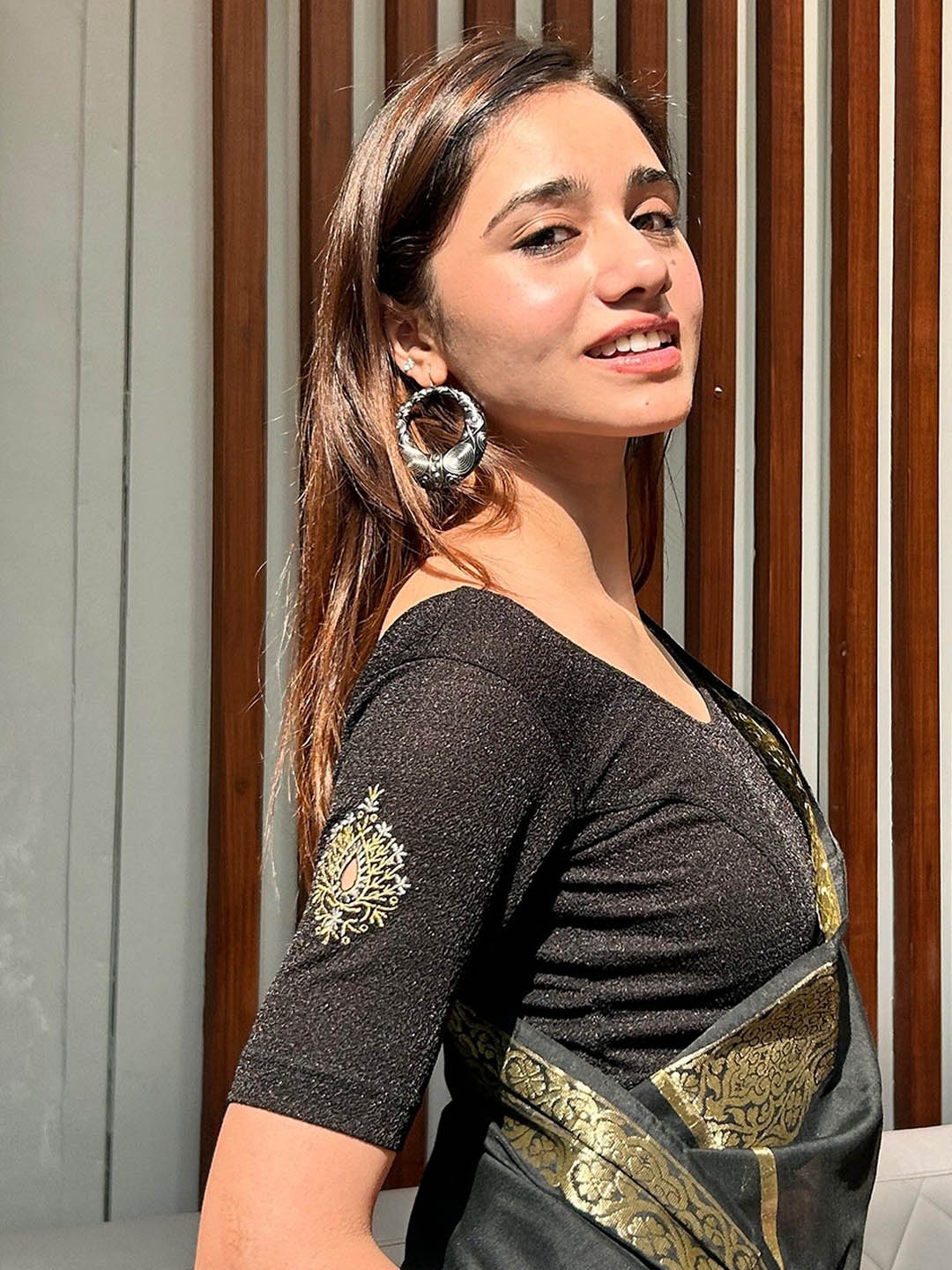 

Bindigasm's Advi Embroidered Short Sleeves Stretchable Saree Blouse, Black