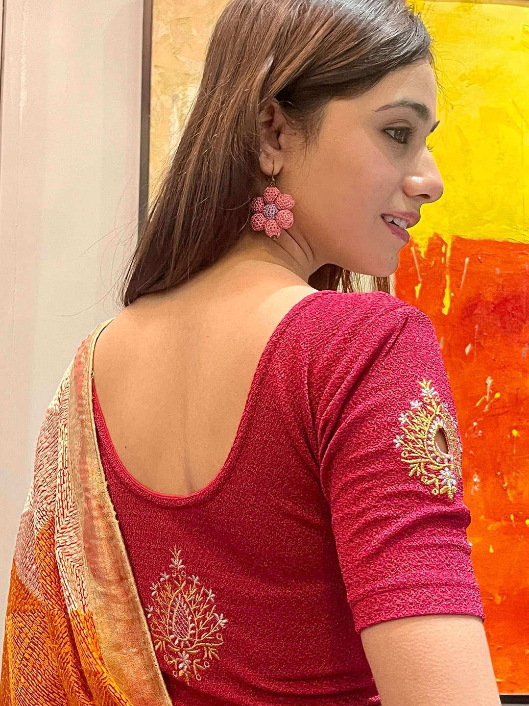 

Bindigasm's Advi Embroidered Short Sleeves Stretchable Saree Blouse, Pink