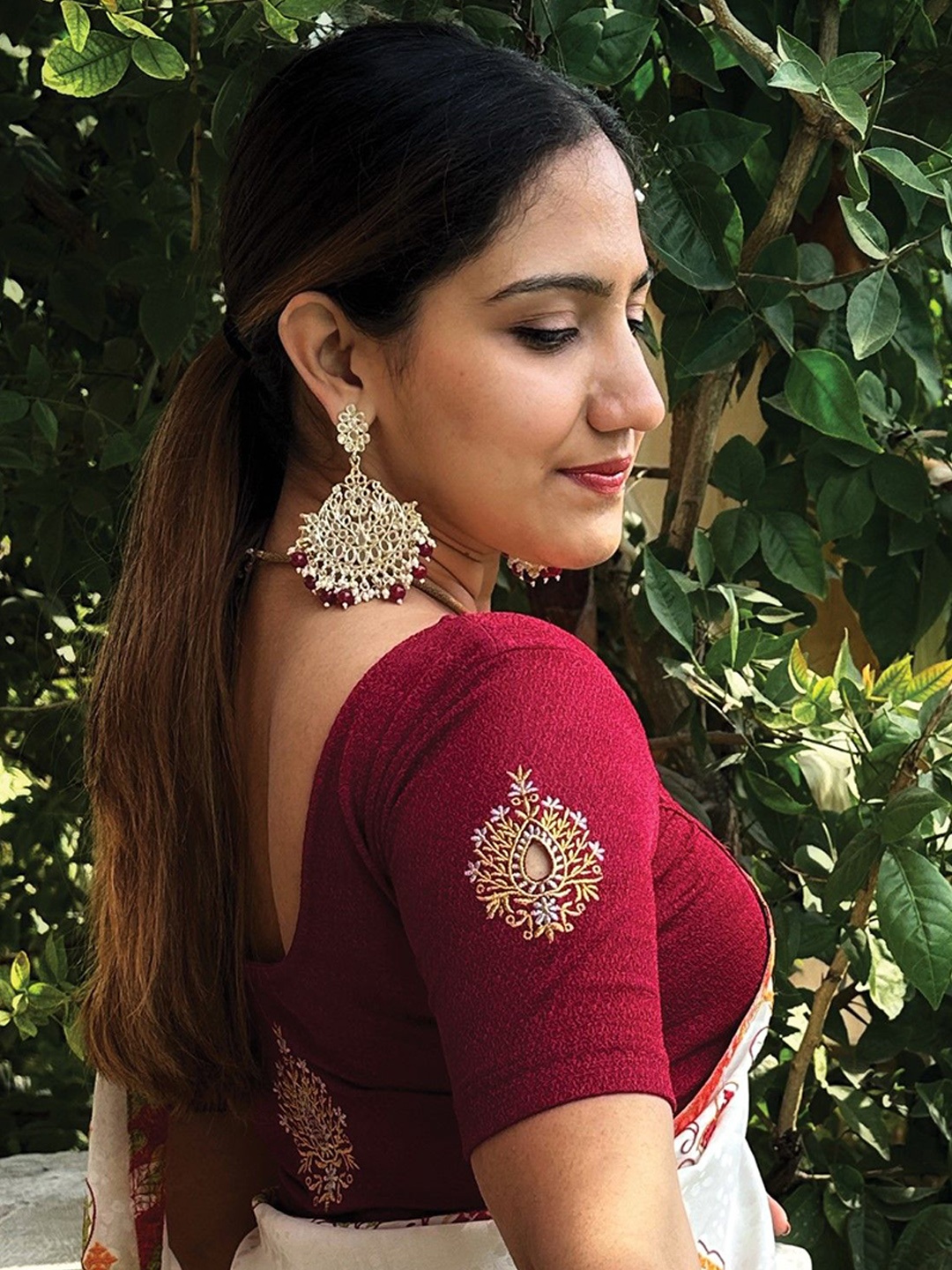 

Bindigasm's Advi Embroidered Short Sleeves Stretchable Saree Blouse, Maroon