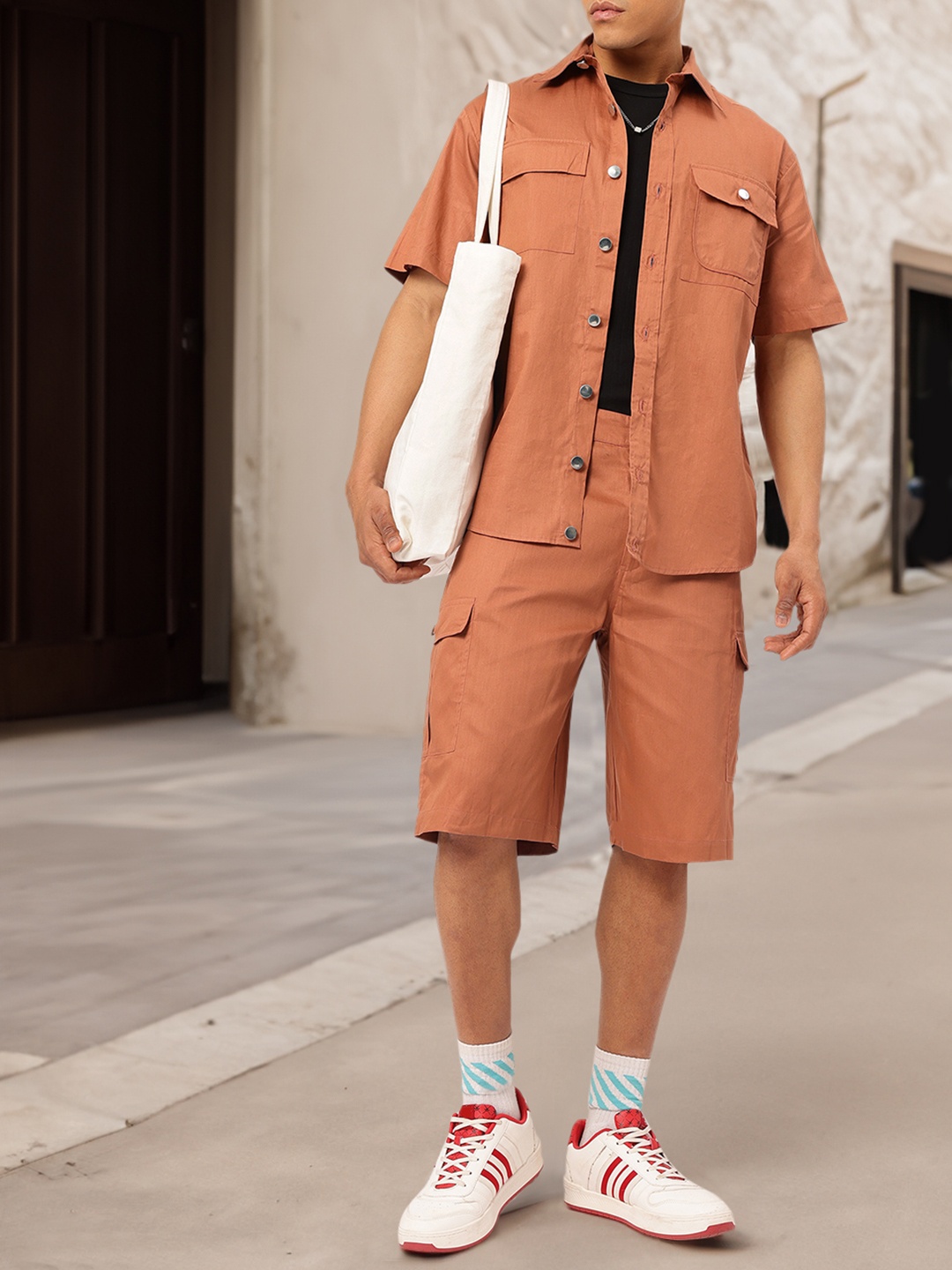

Kook N Keech Utility Weave Shirt with Cargo Shorts Co-ords, Rust