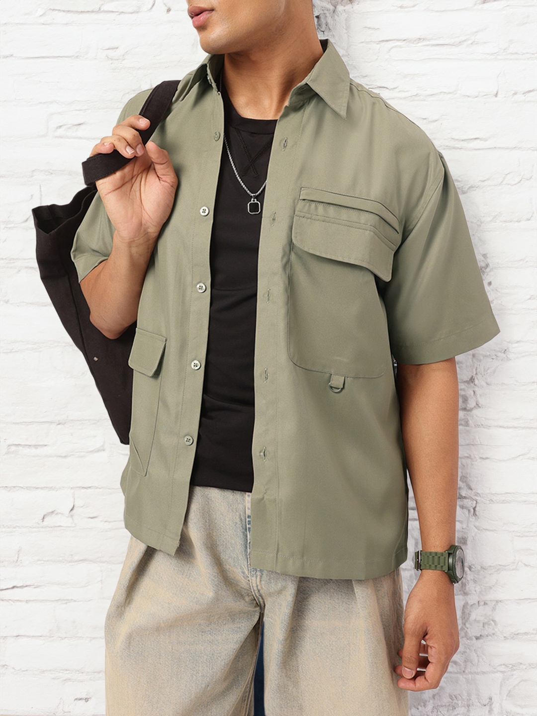 Kook N Keech Cargo Cool Oversized Pockets Shirt, Olive