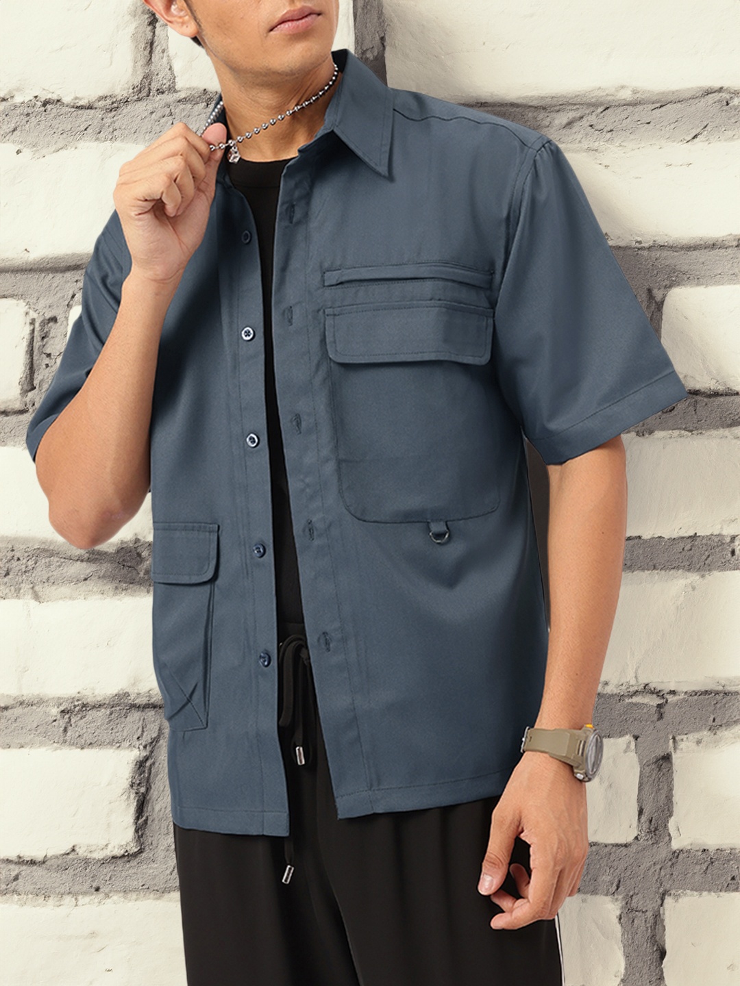 

Kook N Keech Functional Fashion Oversized Pockets Shirt, Navy blue