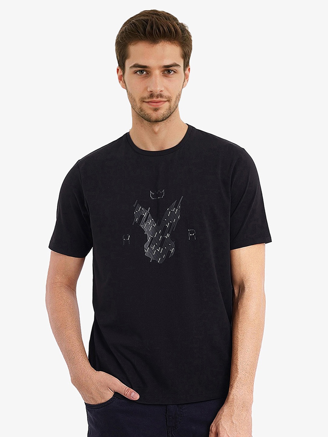 

RARE RABBIT Men Printed Pockets T-shirt, Black
