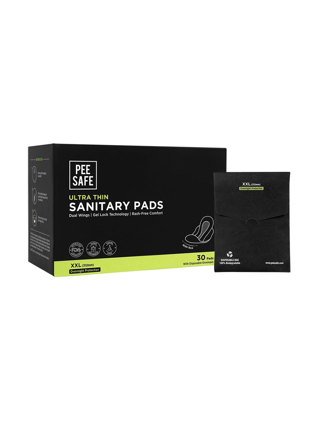 

PEESAFE Ultra Thin Extra Long Unscented Sanitary Pads - 30 Pads, Black