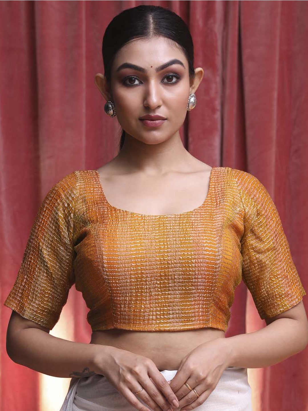 

Indethnic Women Crushed Tissue Saree Blouse, Orange