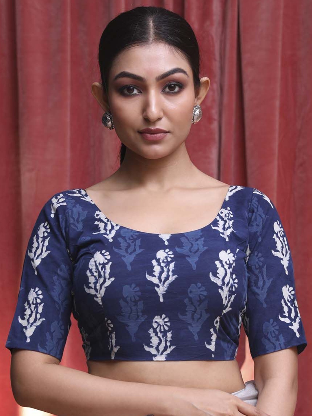 

Indethnic Printed Cotton Saree Blouse, Blue