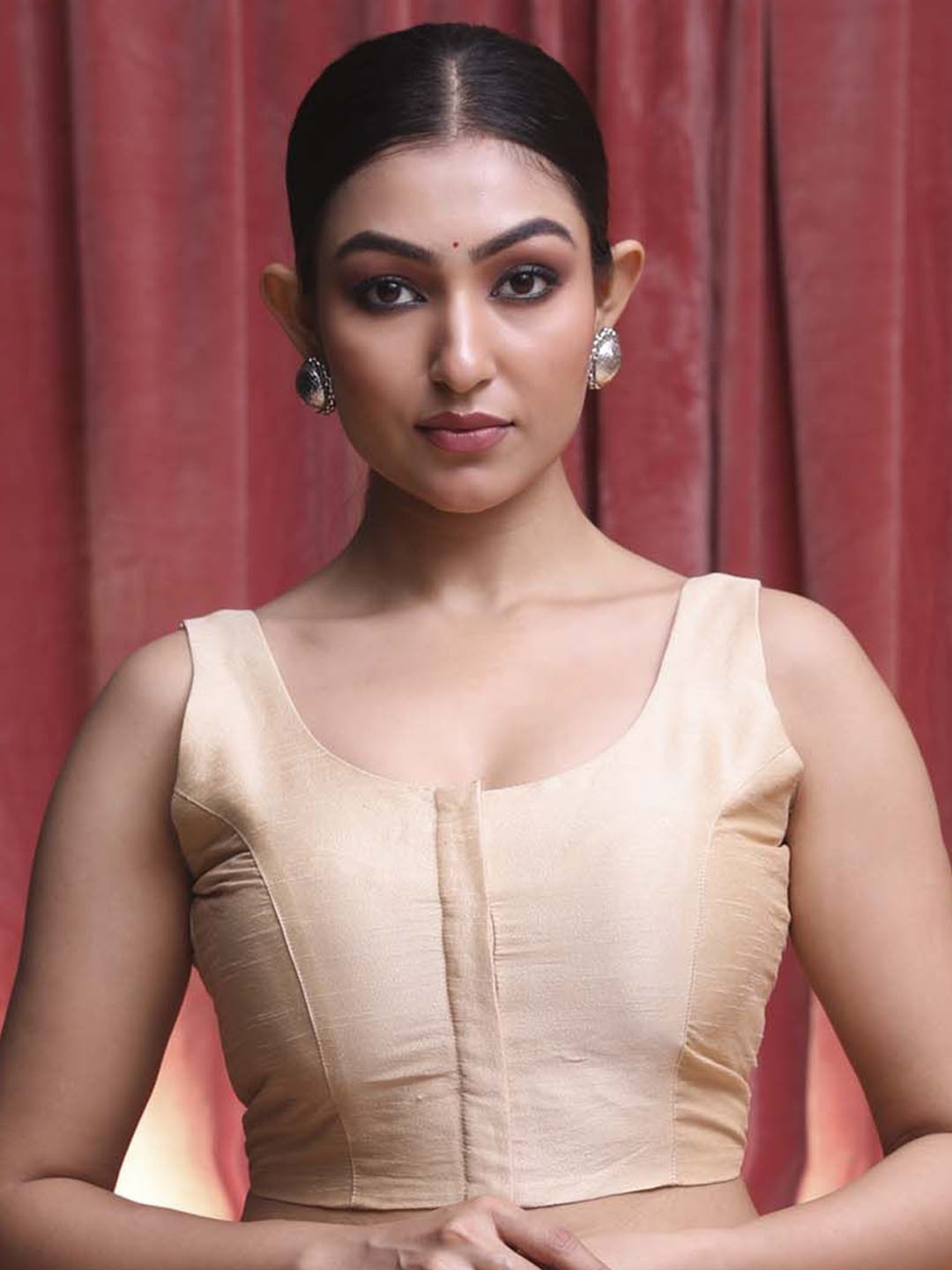 

Indethnic U Neck Sleeveless Saree Blouse, Beige