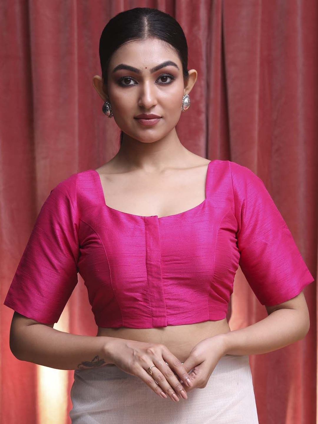 

Indethnic Square-Neck Saree Blouse, Pink