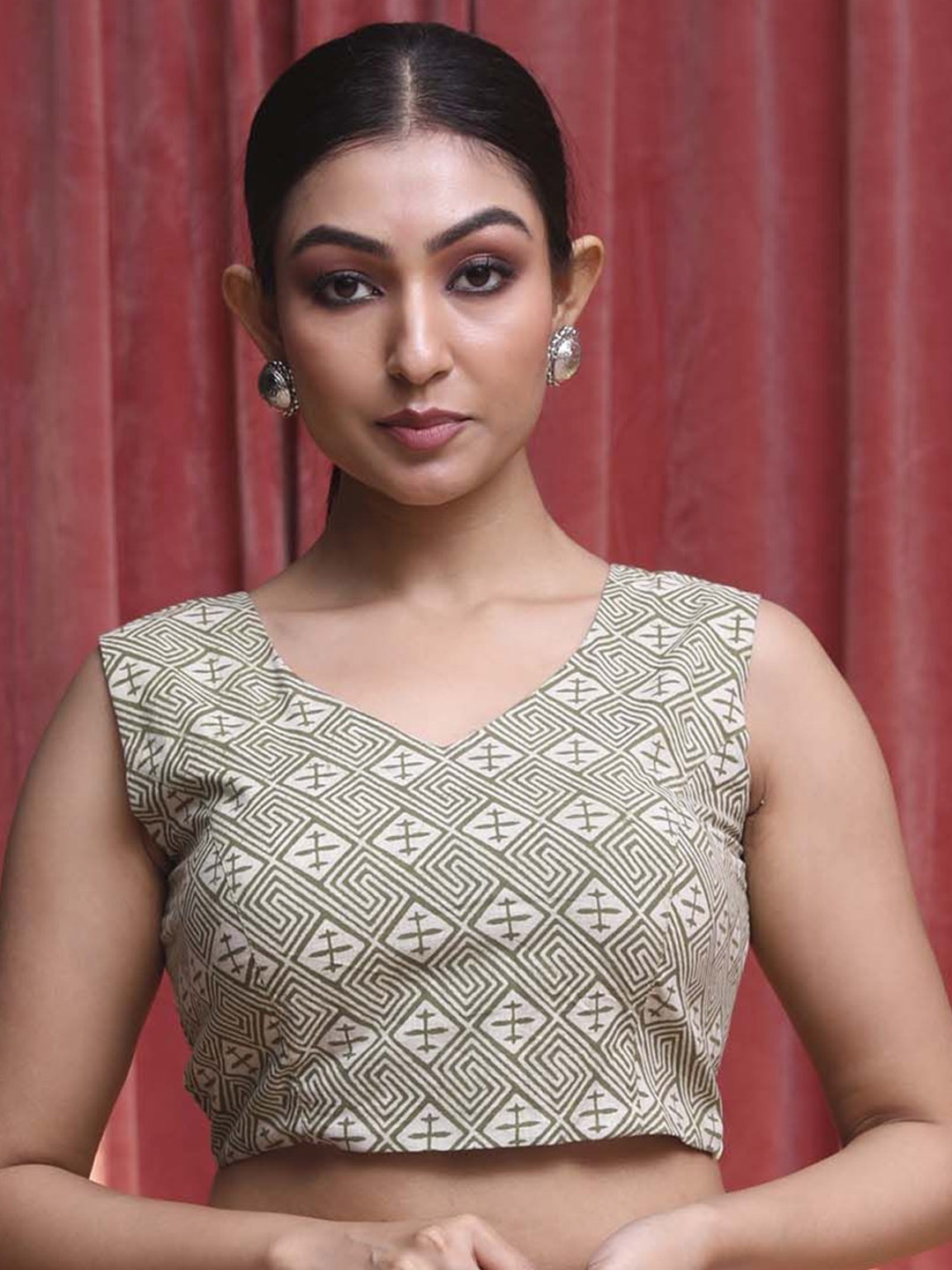 

Indethnic Printed Cotton Saree Blouse, Green