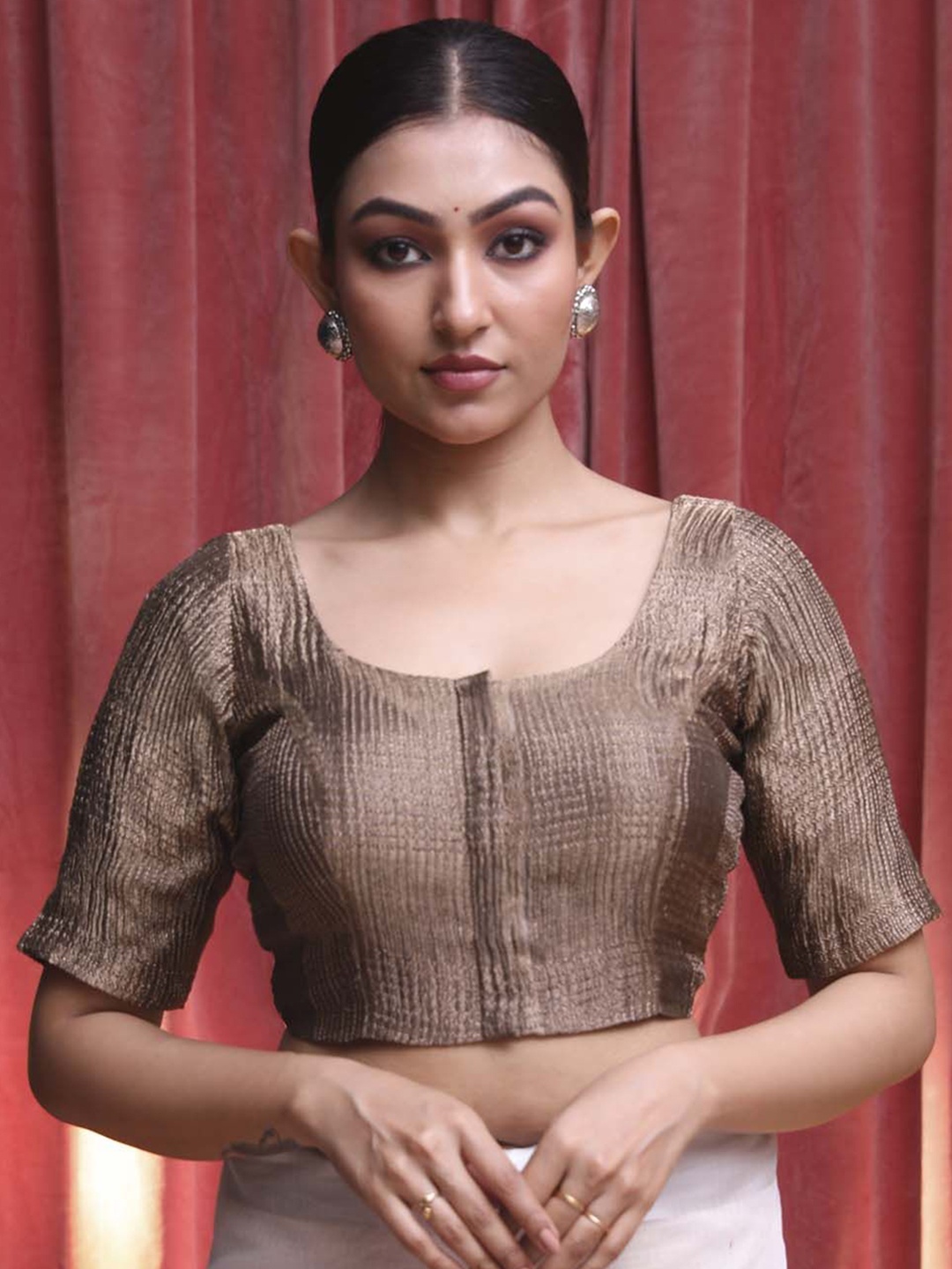 

Indethnic U Neck Short Sleeves Saree Blouse, Brown