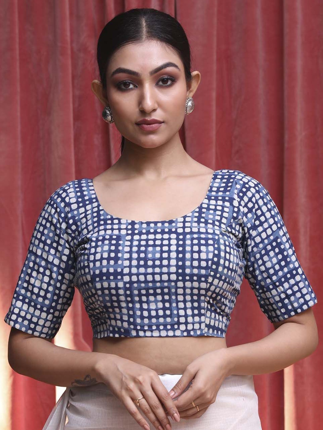 

Indethnic Printed Non-Padded Cotton Saree Blouse, Blue