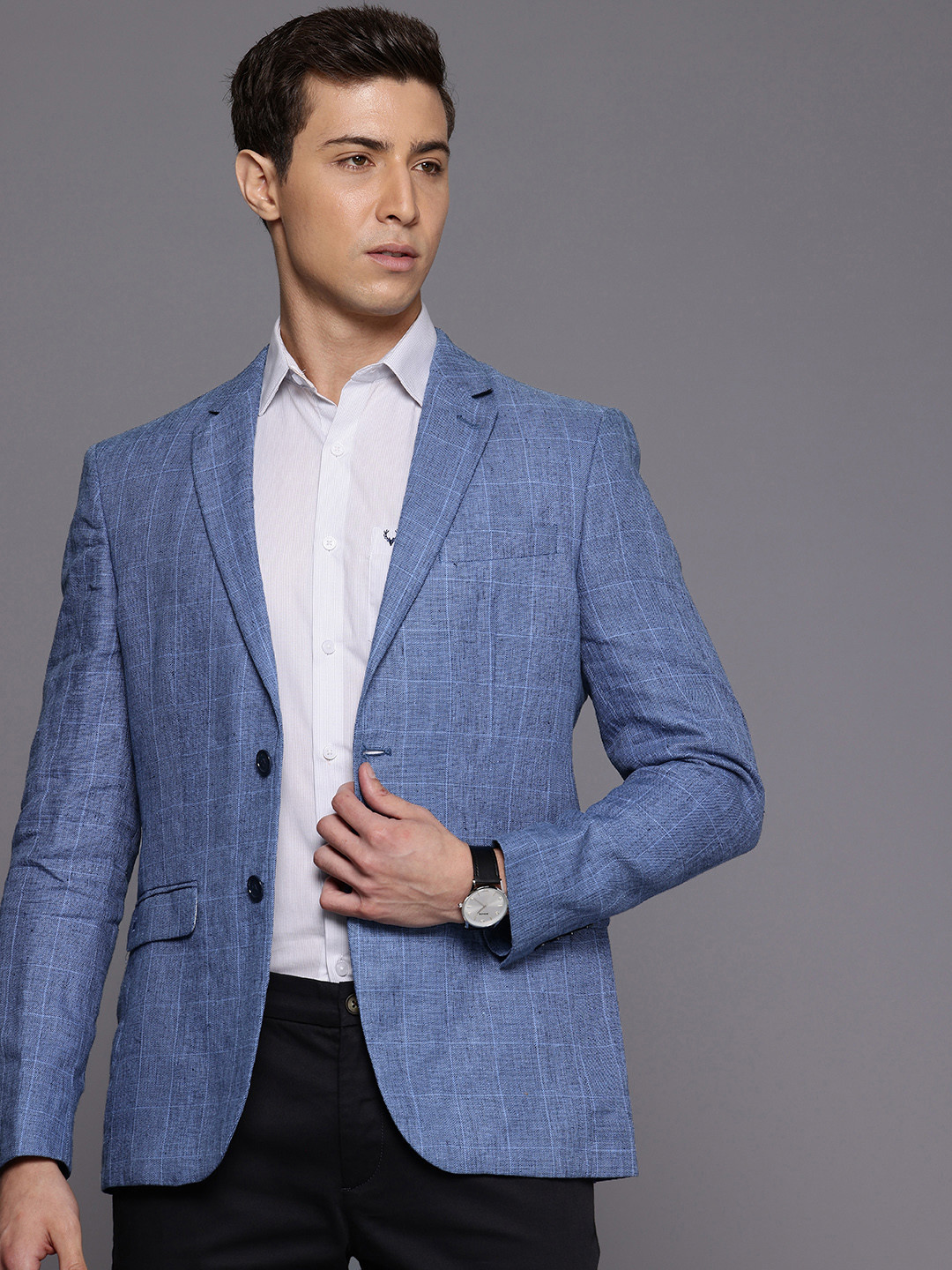 

Louis Philippe Pure Linen Checked Slim Fit Single-Breasted Semiformal Blazer, Blue