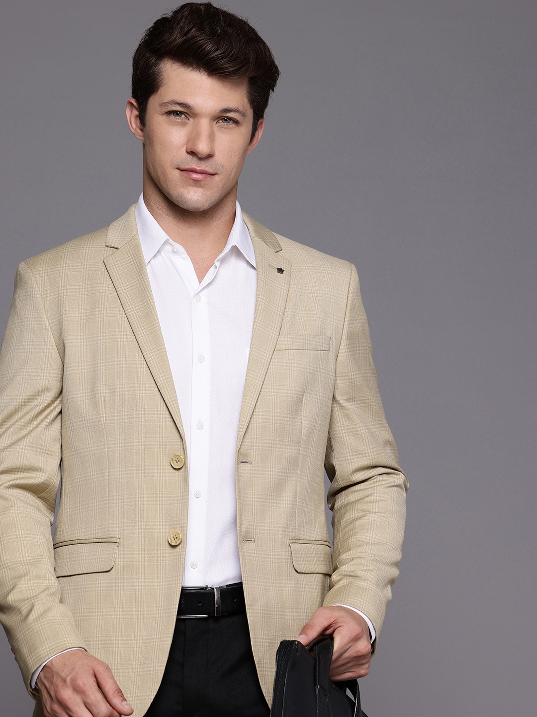 

Louis Philippe Slim Fit Checked Single-Breasted Formal Blazer, Beige