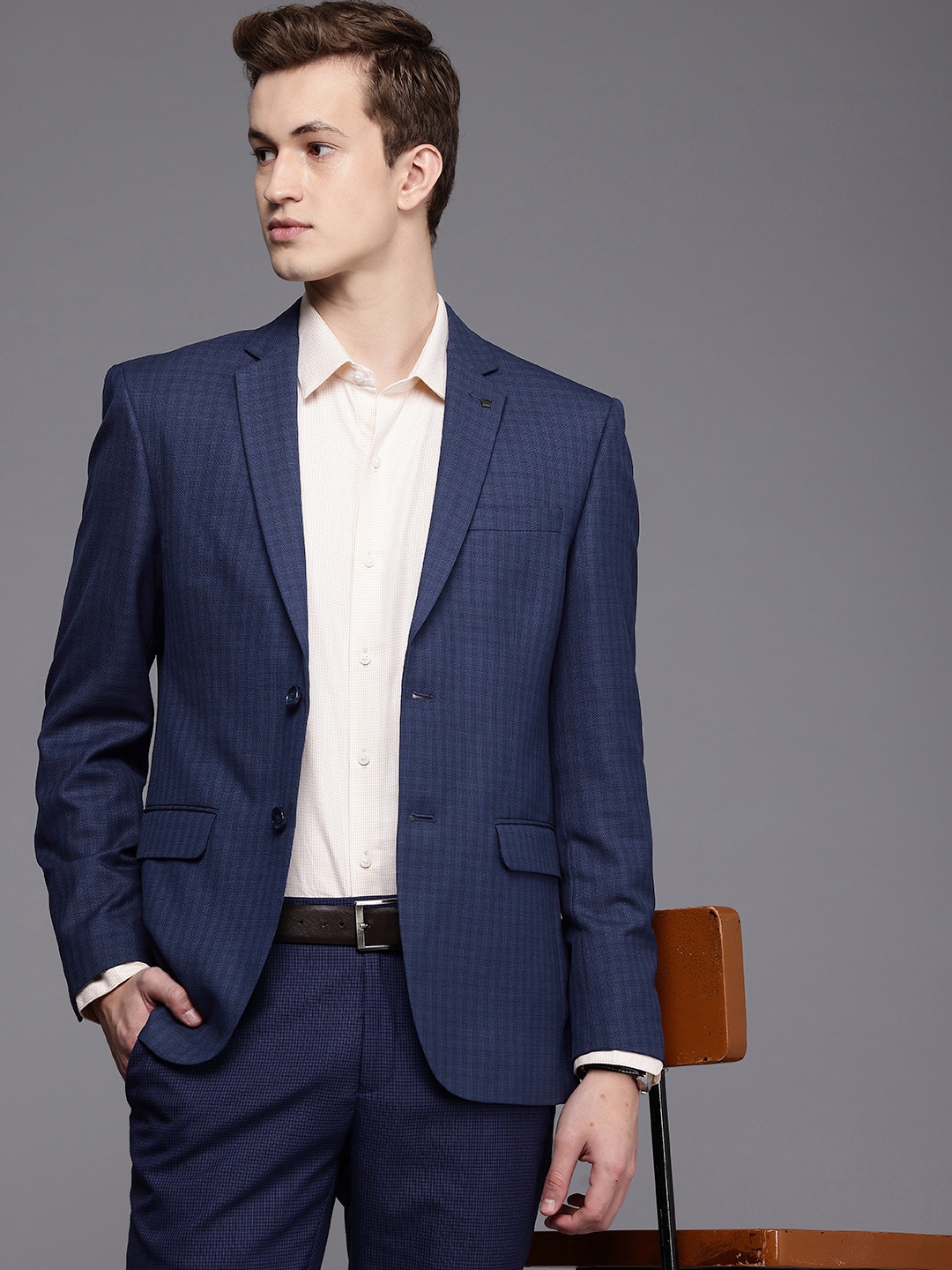 

Louis Philippe Slim Fit Self Design Single-Breasted Formal Blazer, Blue