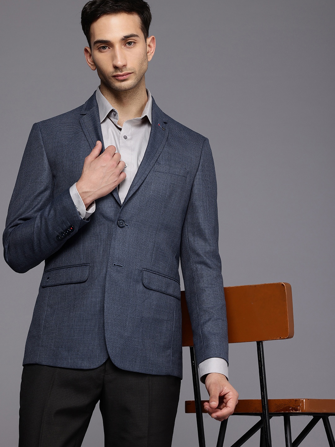 

Louis Philippe Slim Fit Self Design Single-Breasted Formal Blazer, Blue