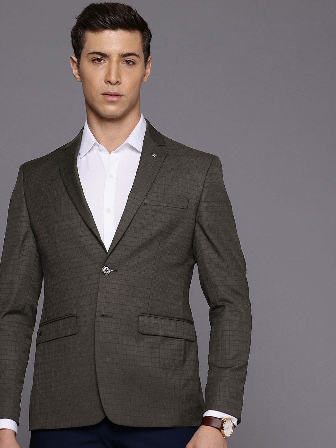 

Louis Philippe Single-Breasted Slim Fit Checked Formal Blazer, Brown