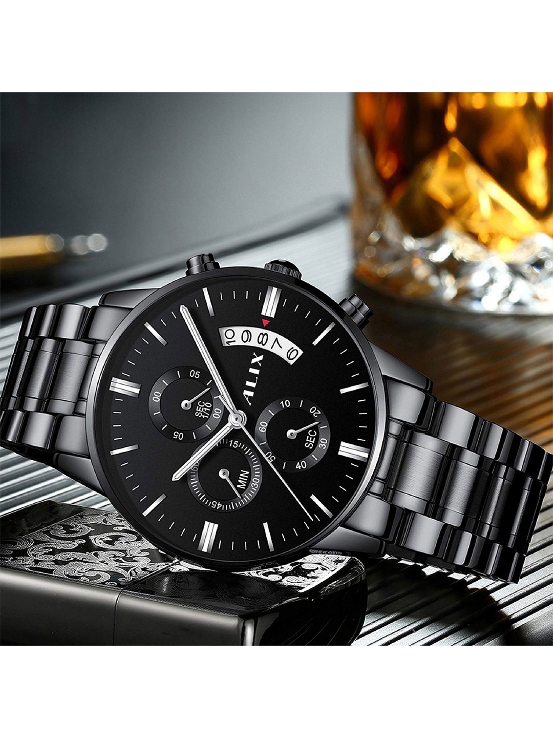 

ALIX Men Embellished Dial & Stainless Steel Bracelet Style Straps Analogue Chronograph Watch AL2309 BWB, Black