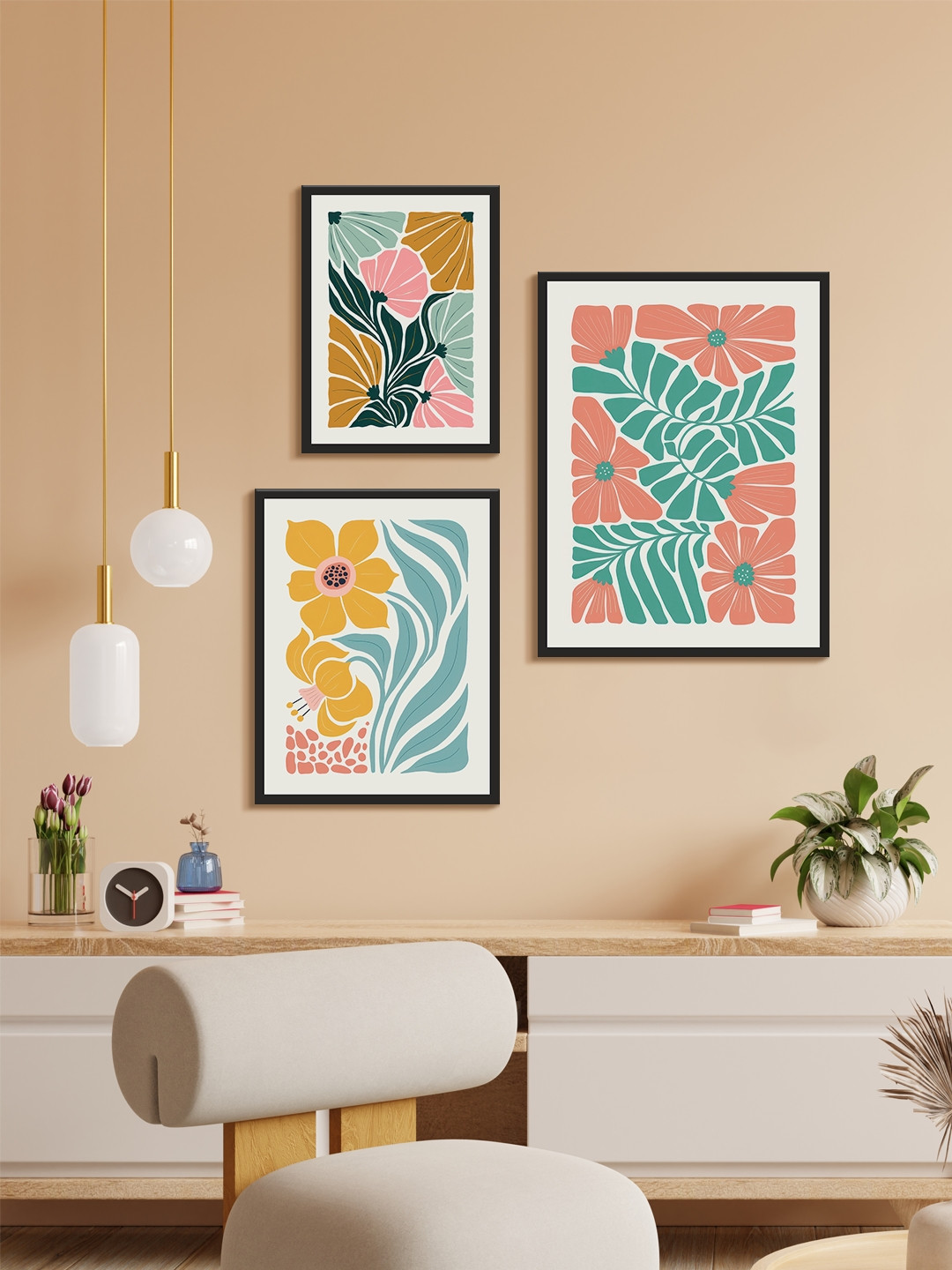 

999Store Green & Orange 3 Piece Paper Floral and Botanical Wall Paintings
